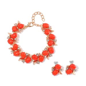 Red Howlite and White Crystal 90.00 ctw Bracelet (6.50-8.0In) and Earrings in Goldtone