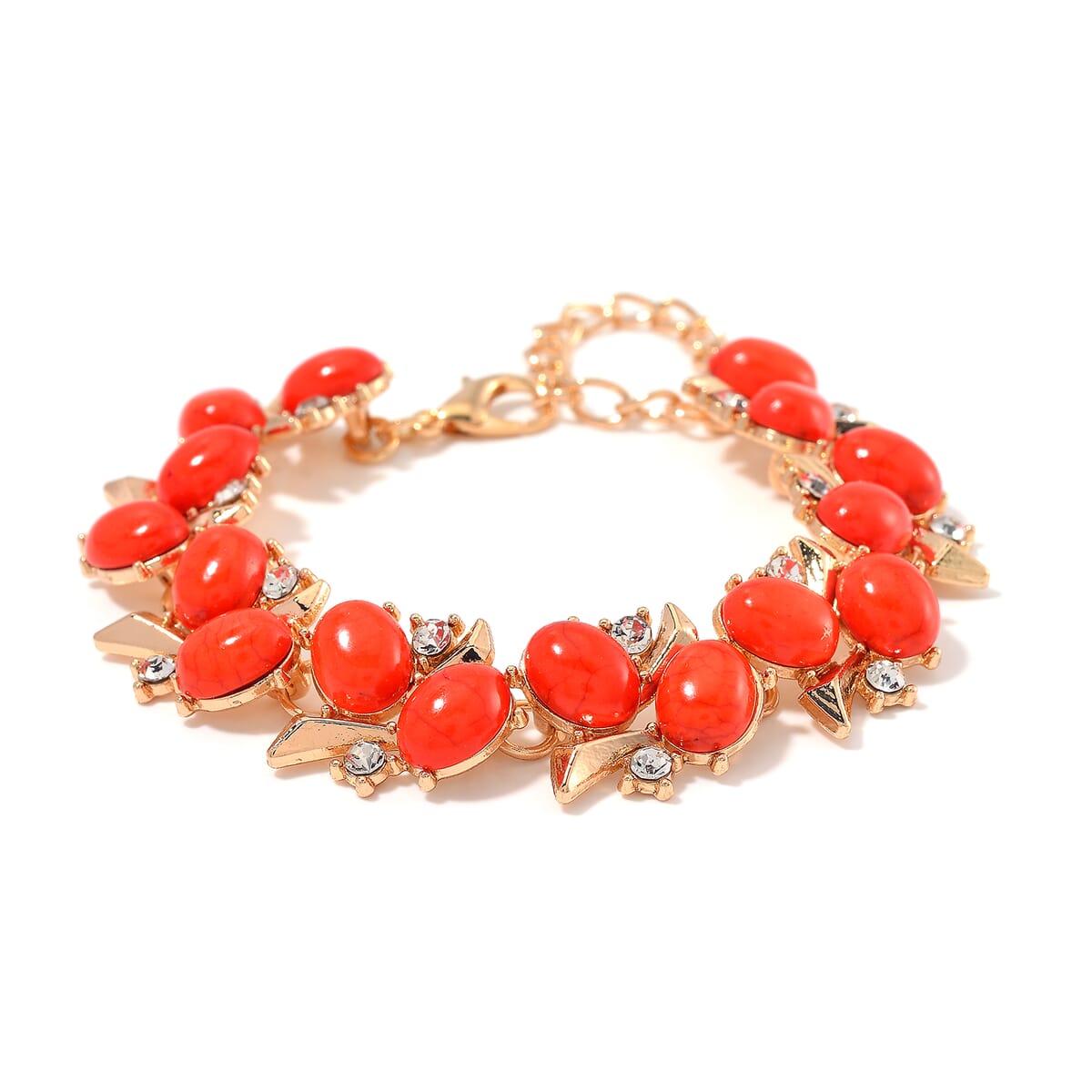 Red Howlite and White Crystal 90.00 ctw Bracelet (6.50-8.0In) and Earrings in Goldtone image number 2