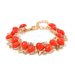 Constituted Red Howlite and White Crystal 90.00 ctw Bracelet (6.50-8.0In) and Earrings in Goldtone