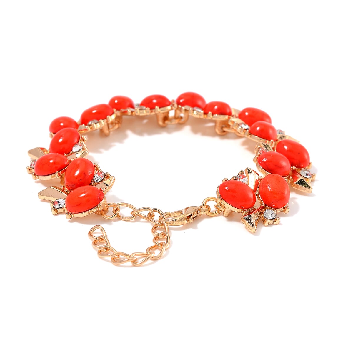 Red Howlite and White Crystal 90.00 ctw Bracelet (6.50-8.0In) and Earrings in Goldtone image number 3