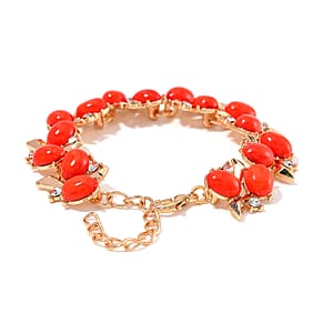 Constituted Red Howlite and White Crystal 90.00 ctw Bracelet (6.50-8.0In) and Earrings in Goldtone