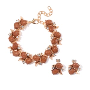 Brown Howlite and White Crystal 90.00 ctw Bracelet (6.50-8.0In) and Earrings in Goldtone