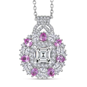 Asscher Cut Moissanite and Madagascar Pink Sapphire 4.80 ctw Majestic Orchid Pendant Necklace in Rhodium Over Sterling Silver 20 Inches