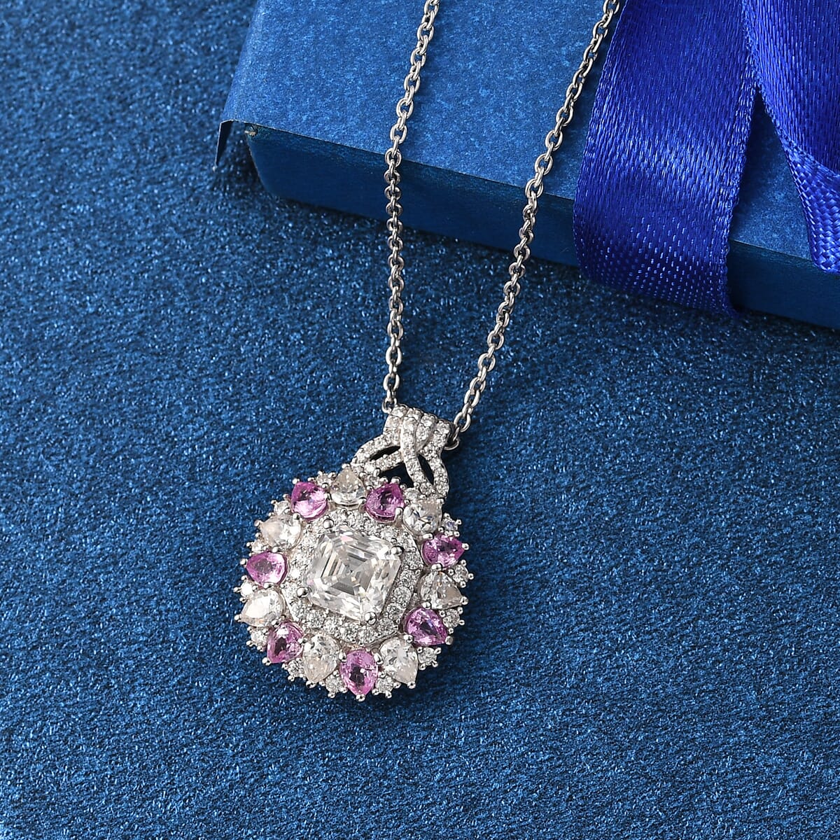 Asscher Cut Moissanite and Madagascar Pink Sapphire 4.80 ctw Majestic Orchid Pendant Necklace in Rhodium Over Sterling Silver 20 Inches image number 1