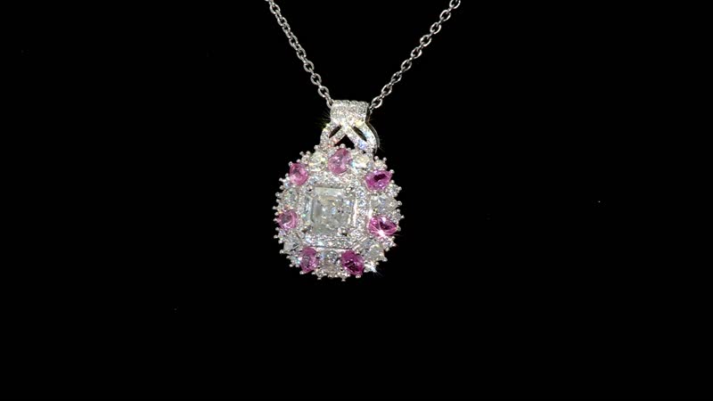 Asscher Cut Moissanite and Madagascar Pink Sapphire 4.80 ctw Majestic Orchid Pendant Necklace in Rhodium Over Sterling Silver 20 Inches