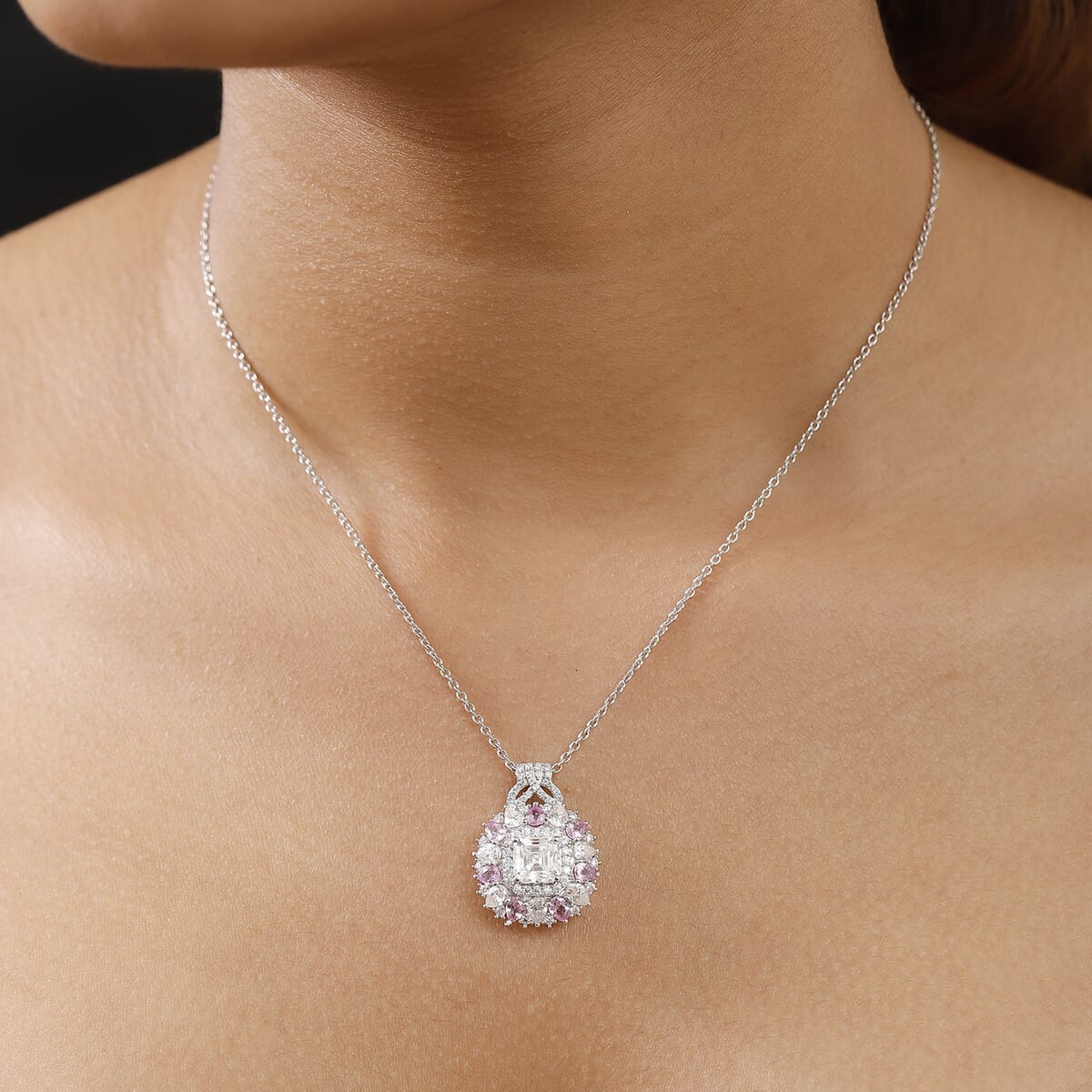 Asscher Cut Moissanite and Madagascar Pink Sapphire 4.80 ctw Majestic Orchid Pendant Necklace in Rhodium Over Sterling Silver 20 Inches image number 2