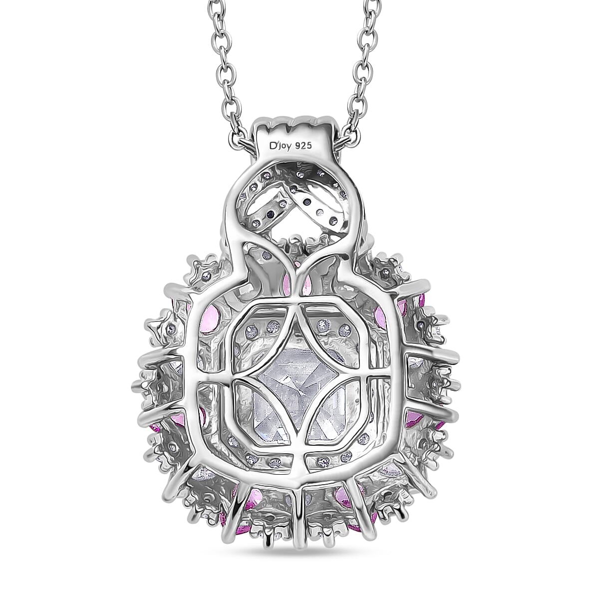 Asscher Cut Moissanite and Madagascar Pink Sapphire 4.80 ctw Majestic Orchid Pendant Necklace in Rhodium Over Sterling Silver 20 Inches
