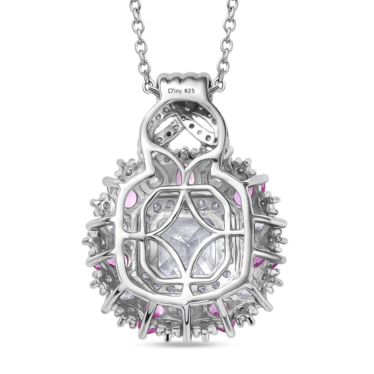 Asscher Cut Moissanite and Madagascar Pink Sapphire 4.80 ctw Majestic Orchid Pendant Necklace in Rhodium Over Sterling Silver 20 Inches image number 4
