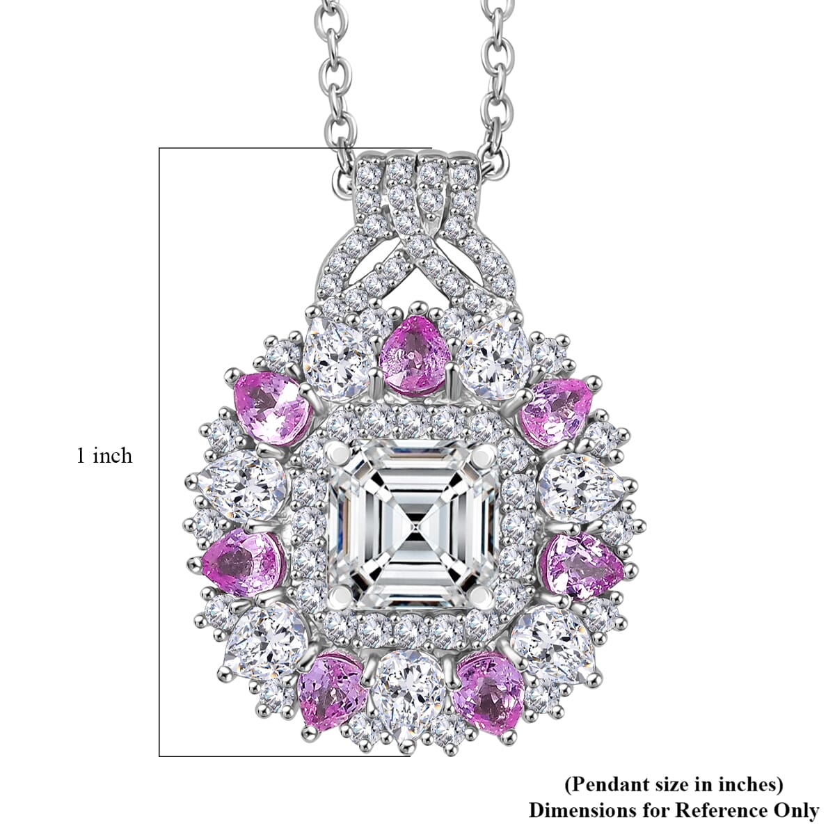 Asscher Cut Moissanite and Madagascar Pink Sapphire 4.80 ctw Majestic Orchid Pendant Necklace in Rhodium Over Sterling Silver 20 Inches image number 5