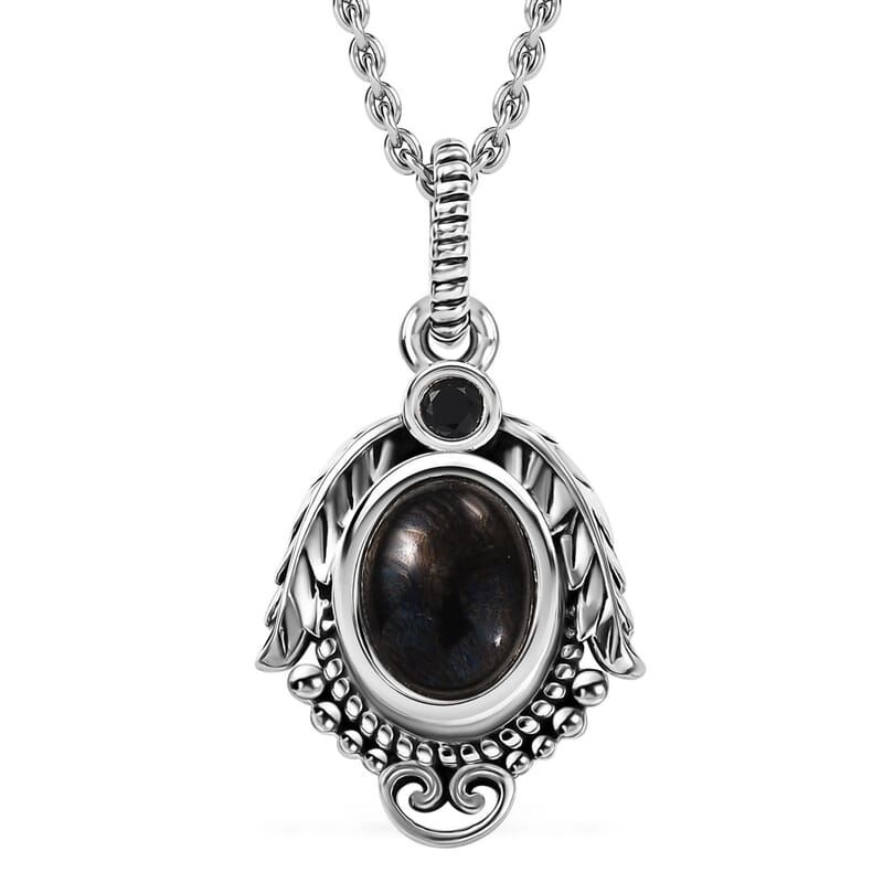 Artisan Crafted Elite Shungite and Thai Black Spinel 1.15 ctw Feather Pendant in Sterling Silver with Stainless Steel Necklace 20 Inches