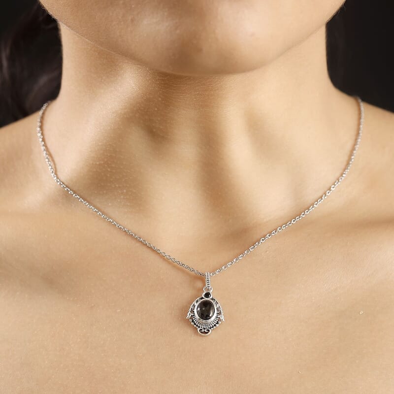 Artisan Crafted Elite Shungite and Thai Black Spinel 1.15 ctw Feather Pendant in Sterling Silver with Stainless Steel Necklace 20 Inches