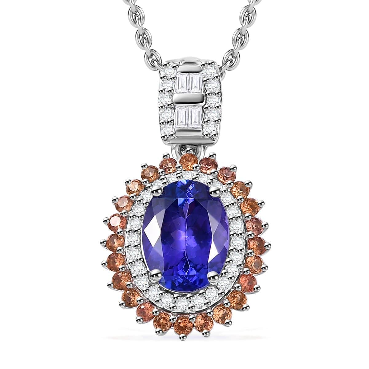 Luxoro AAA Tanzanite, Padparadscha Sapphire (BT) and Diamond 2.50 ctw Double Halo Pendant Necklace in 10K White Gold 20 Inches image number 0