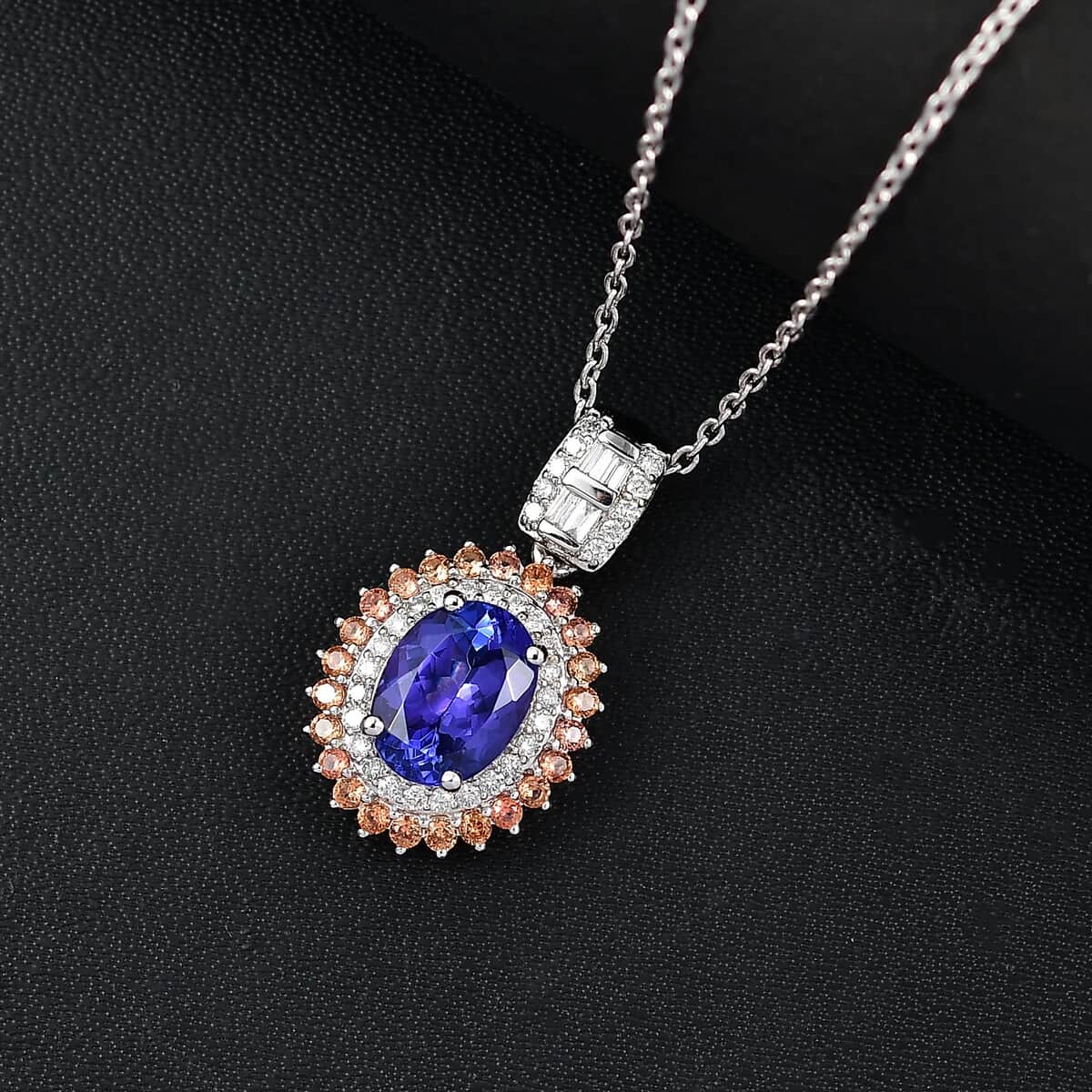 Luxoro AAA Tanzanite, Padparadscha Sapphire (BT) and Diamond 2.50 ctw Double Halo Pendant Necklace in 10K White Gold 20 Inches image number 1