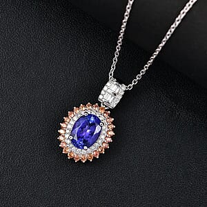 Luxoro AAA Tanzanite, Padparadscha Sapphire (BT) and Diamond 2.50 ctw Double Halo Pendant Necklace in 10K White Gold 20 Inches