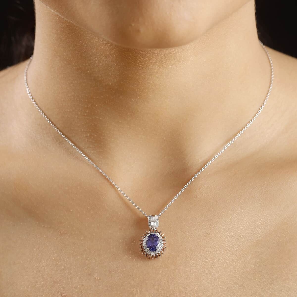 Luxoro AAA Tanzanite, Padparadscha Sapphire (BT) and Diamond 2.50 ctw Double Halo Pendant Necklace in 10K White Gold 20 Inches image number 2