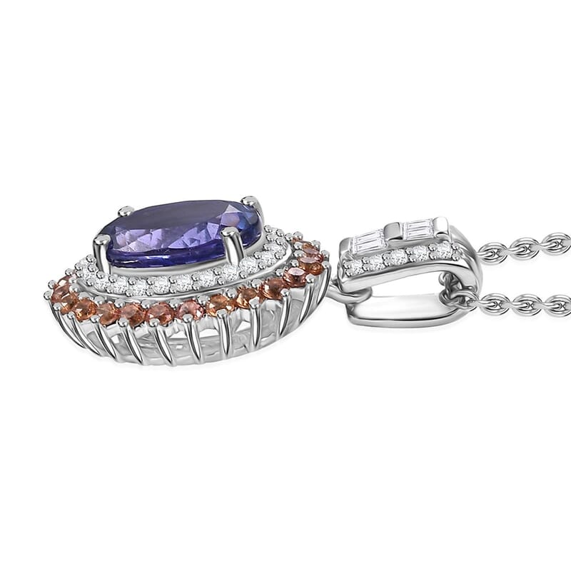 Luxoro AAA Tanzanite, Padparadscha Sapphire (BT) and Diamond 2.50 ctw Double Halo Pendant Necklace in 10K White Gold 20 Inches