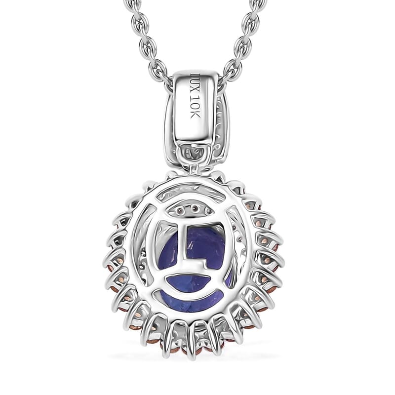 Luxoro AAA Tanzanite, Padparadscha Sapphire (BT) and Diamond 2.50 ctw Double Halo Pendant Necklace in 10K White Gold 20 Inches