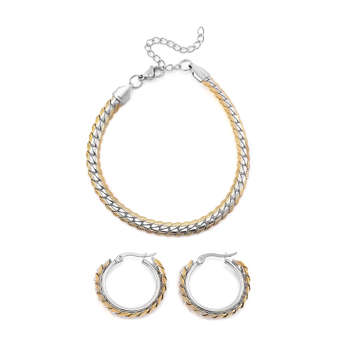 6mm Curb Chain Bracelet (7.50-9.50In) and Hoop Earrings in ION Plated YG and Stainless Steel image number 0