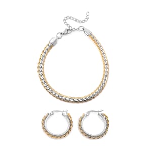 6mm Curb Chain Bracelet (7.50-9.50In) and Hoop Earrings in ION Plated YG and Stainless Steel