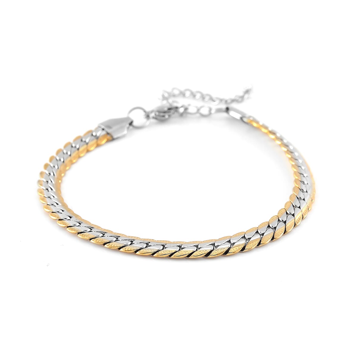 6mm Curb Chain Bracelet (7.50-9.50In) and Hoop Earrings in ION Plated YG and Stainless Steel image number 2