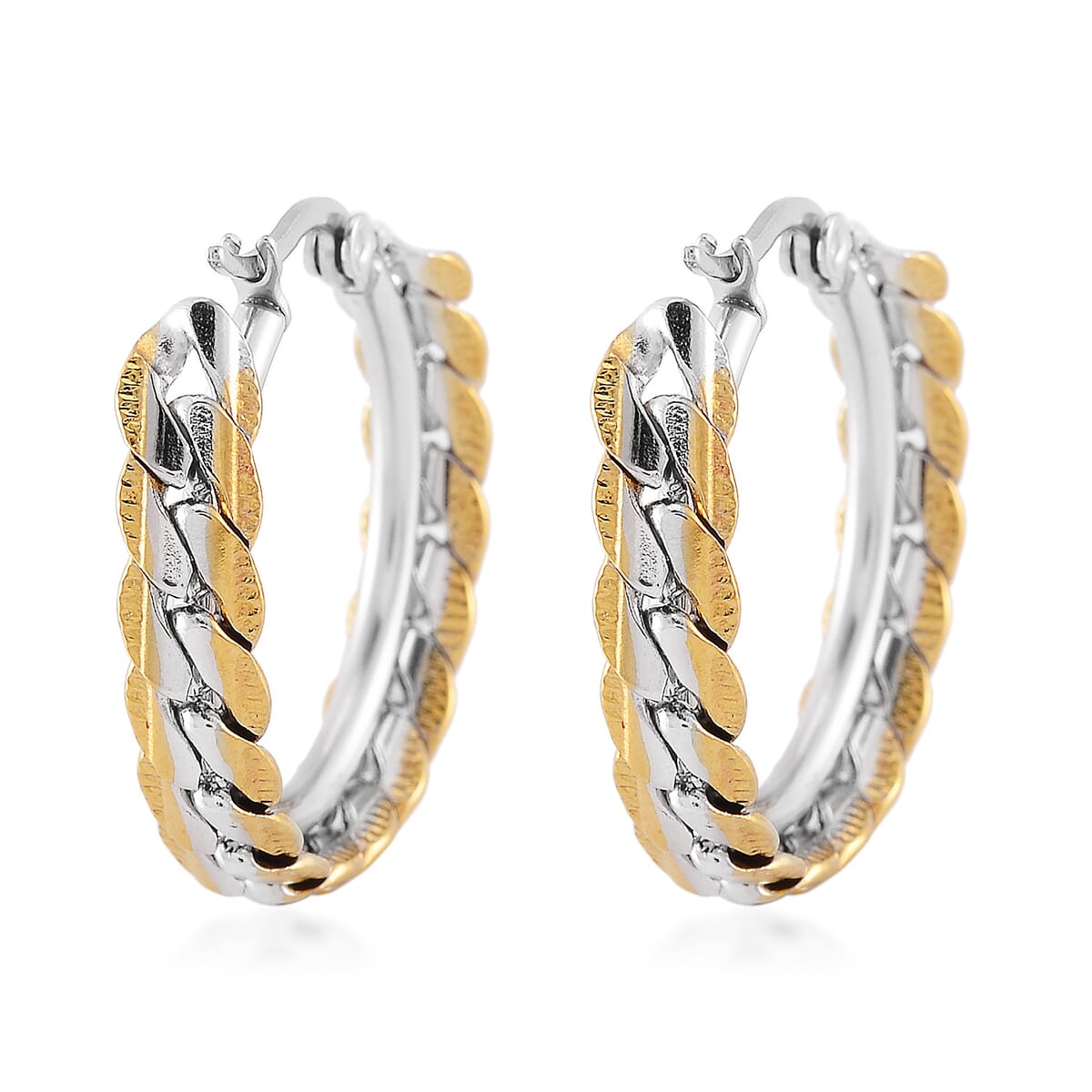 6mm Curb Chain Bracelet (7.50-9.50In) and Hoop Earrings in ION Plated YG and Stainless Steel image number 6