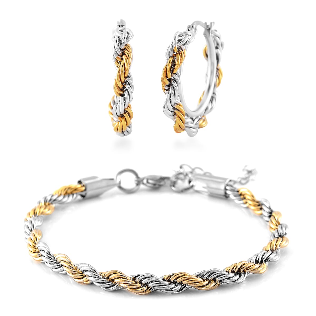 6mm Rope Chain Bracelet (7.50-9.50In) and Hoop Earrings in ION Plated YG and Stainless Steel image number 0