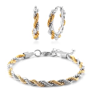 6mm Rope Chain Bracelet (7.50-9.50In) and Hoop Earrings in ION Plated YG and Stainless Steel