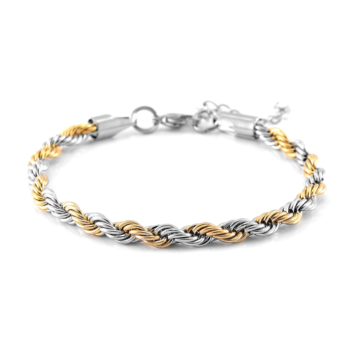 6mm Rope Chain Bracelet (7.50-9.50In) and Hoop Earrings in ION Plated YG and Stainless Steel image number 2