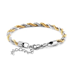6mm Rope Chain Bracelet (7.50-9.50In) and Hoop Earrings in ION Plated YG and Stainless Steel
