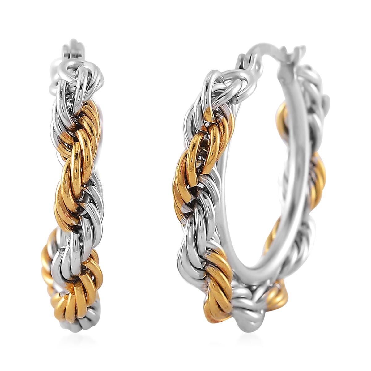 6mm Rope Chain Bracelet (7.50-9.50In) and Hoop Earrings in ION Plated YG and Stainless Steel image number 5