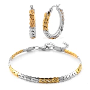 6mm Flat Curb Chain Bracelet (7.50-9.50In) and Hoop Earrings in ION Plated YG and Stainless Steel