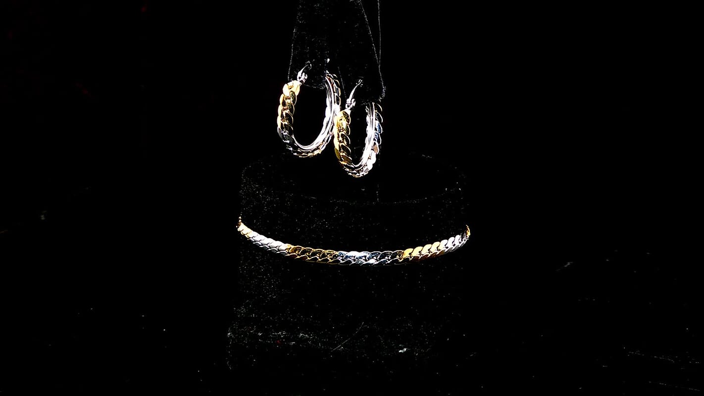 6mm Flat Curb Chain Bracelet (7.50-9.50In) and Hoop Earrings in ION Plated YG and Stainless Steel