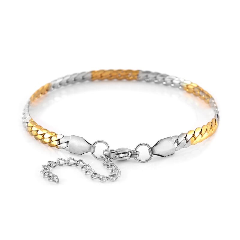 6mm Flat Curb Chain Bracelet (7.50-9.50In) and Hoop Earrings in ION Plated YG and Stainless Steel