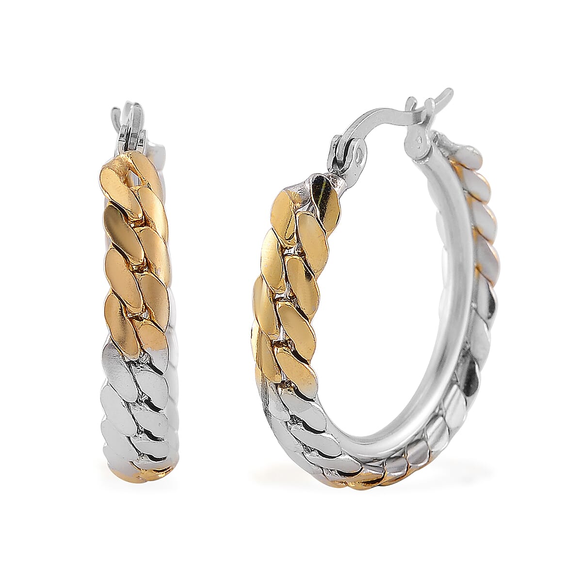 6mm Flat Curb Chain Bracelet (7.50-9.50In) and Hoop Earrings in ION Plated YG and Stainless Steel