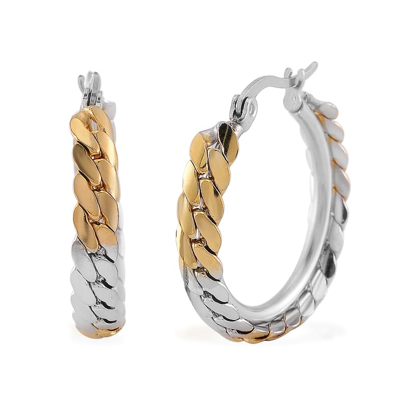6mm Flat Curb Chain Bracelet (7.50-9.50In) and Hoop Earrings in ION Plated YG and Stainless Steel