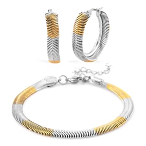 6mm Herringbone Chain Bracelet (7.50-9.50In) and Hoop Earrings in ION Plated YG and Stainless Steel