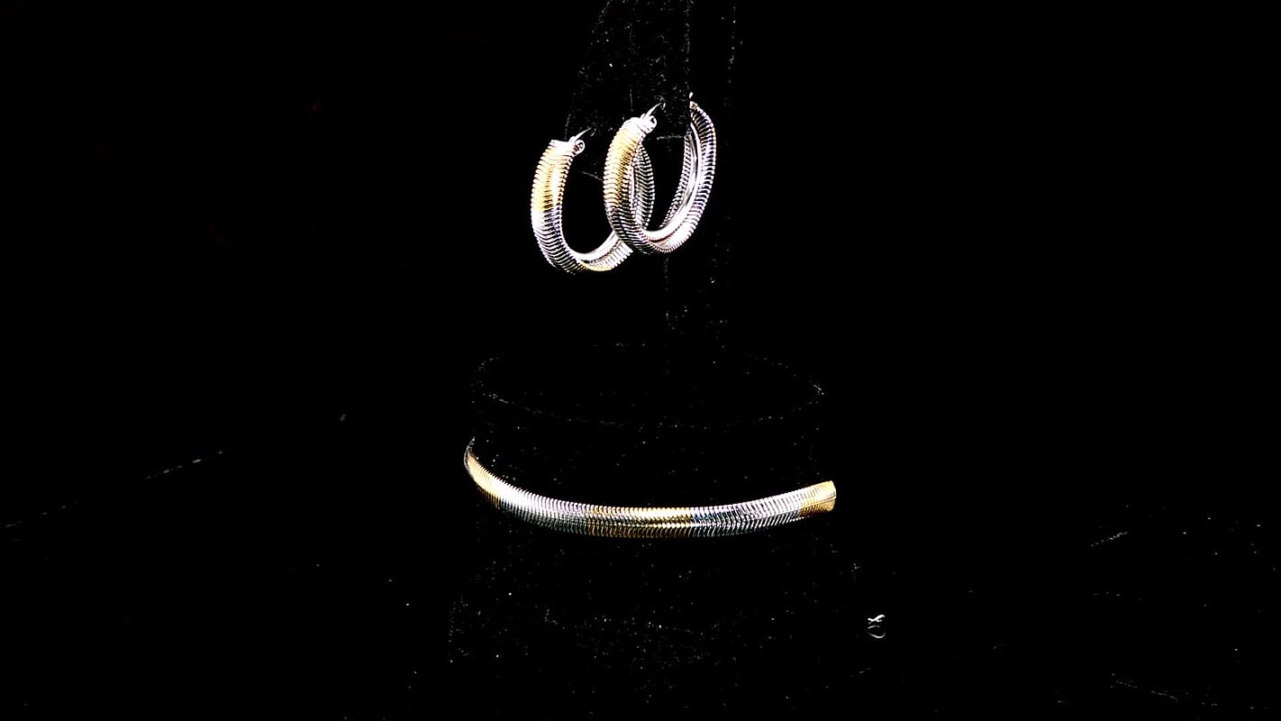 6mm Herringbone Chain Bracelet (7.50-9.50In) and Hoop Earrings in ION Plated YG and Stainless Steel