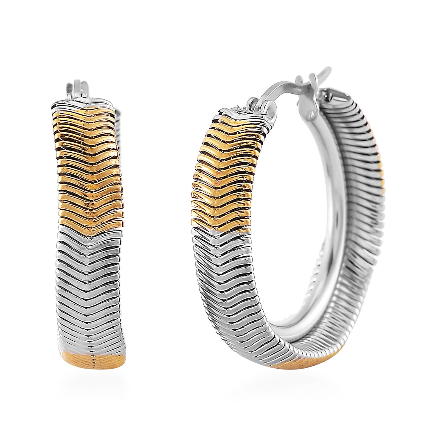 6mm Herringbone Chain Bracelet (7.50-9.50In) and Hoop Earrings in ION Plated YG and Stainless Steel