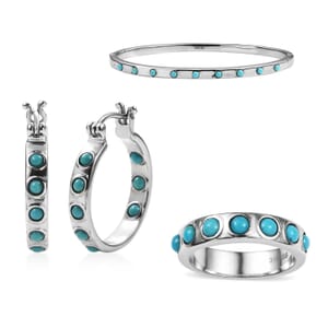 Arizona Natural Turquoise 2.60 ctw Band Ring (Size 9.0), Earrings and Bangle Bracelet (7.25 In) in Stainless Steel
