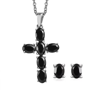 Set of 2 Elite Shungite 2.10 ctw Solitaire Stud Earrings and Cross Pendant Necklace 20 Inches in Stainless Steel