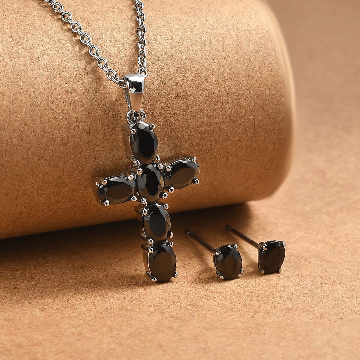 Set of 2 Elite Shungite 2.10 ctw Solitaire Stud Earrings and Cross Pendant Necklace 20 Inches in Stainless Steel image number 1