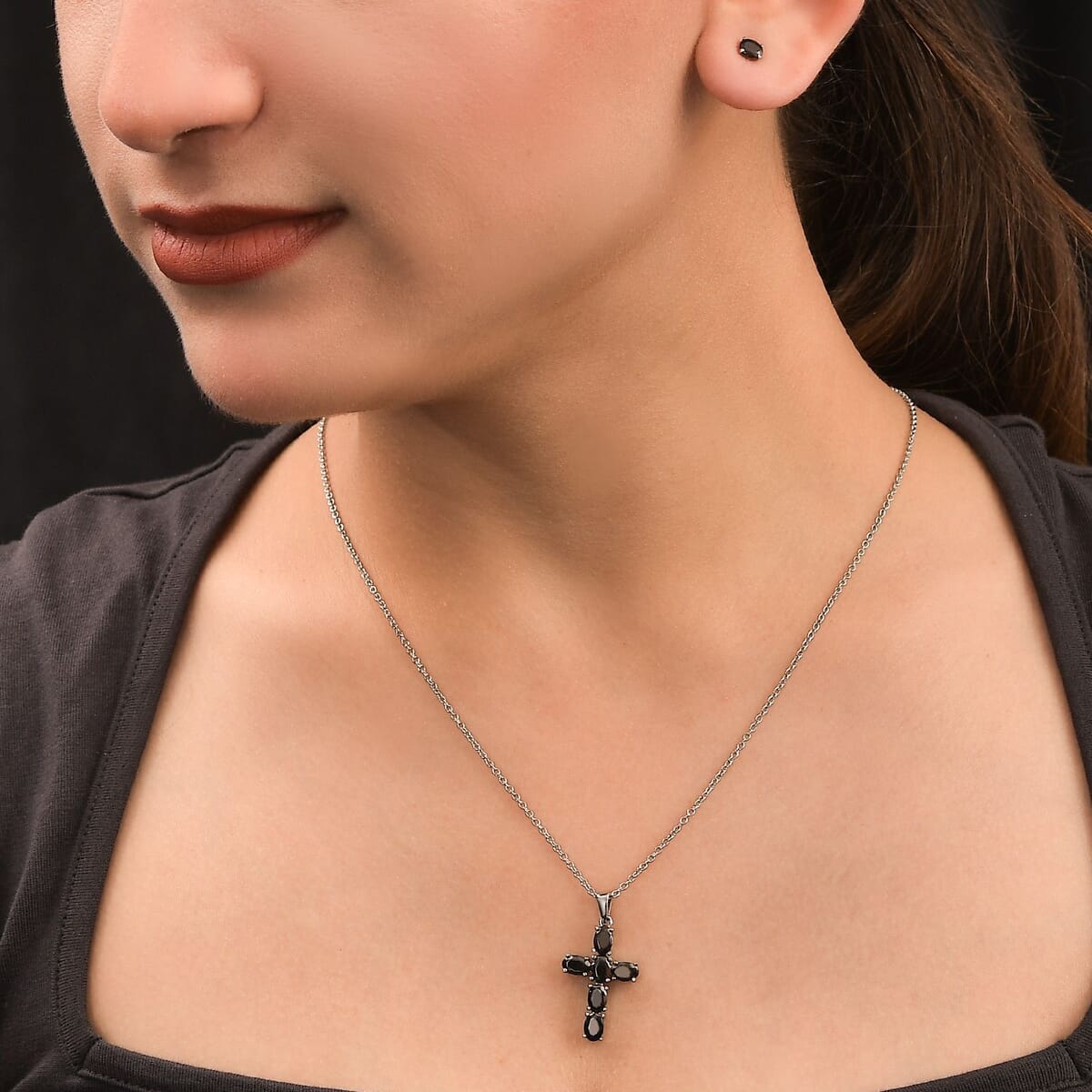 Set of 2 Elite Shungite 2.10 ctw Solitaire Stud Earrings and Cross Pendant Necklace 20 Inches in Stainless Steel image number 2