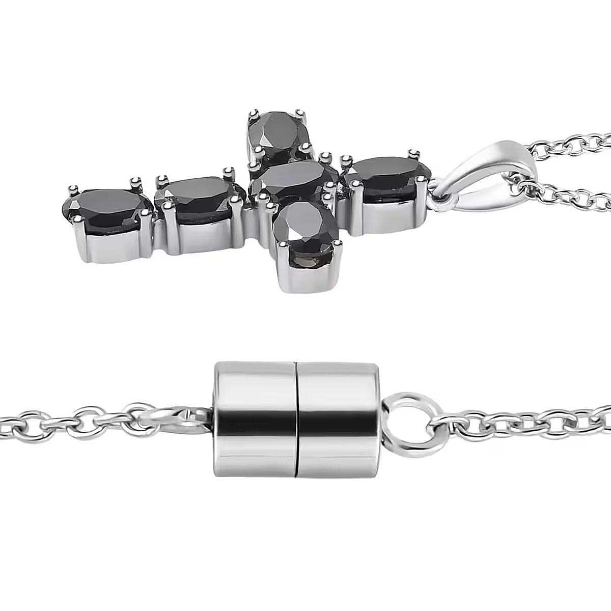 Set of 2 Elite Shungite 2.10 ctw Solitaire Stud Earrings and Cross Pendant Necklace 20 Inches in Stainless Steel