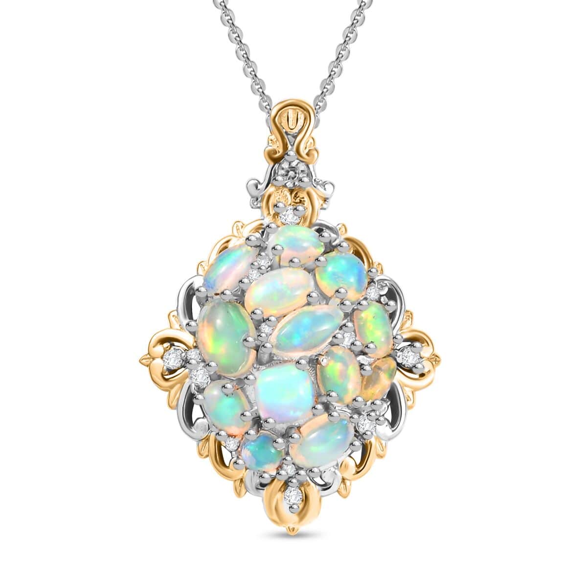 Ethiopian Welo Opal and White Zircon 2.25 ctw Cluster Filigree Pendant Necklace in 18K Vermeil YG and Rhodium Over Sterling Silver 20 Inches image number 0