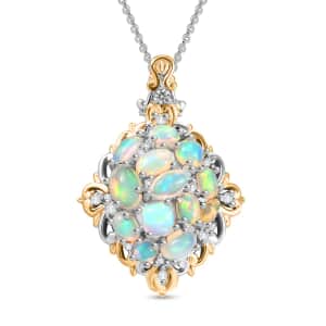 Ethiopian Welo Opal and White Zircon 2.25 ctw Cluster Filigree Pendant Necklace in 18K Vermeil YG and Rhodium Over Sterling Silver 20 Inches