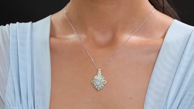 Ethiopian Welo Opal and White Zircon 2.25 ctw Cluster Filigree Pendant Necklace in 18K Vermeil YG and Rhodium Over Sterling Silver 20 Inches