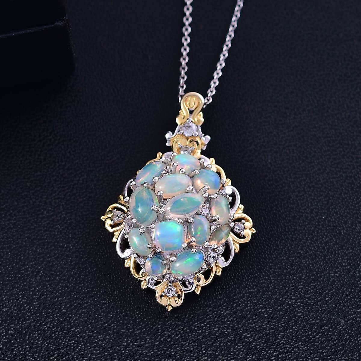 Ethiopian Welo Opal and White Zircon 2.25 ctw Cluster Filigree Pendant Necklace in 18K Vermeil YG and Rhodium Over Sterling Silver 20 Inches image number 1