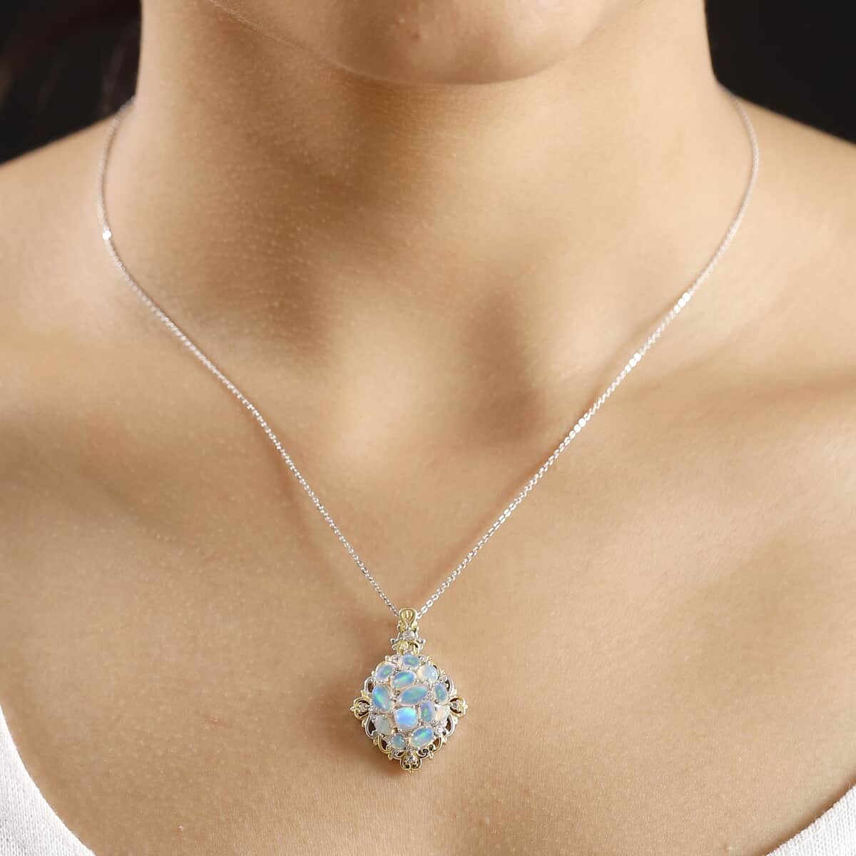 Ethiopian Welo Opal and White Zircon 2.25 ctw Cluster Filigree Pendant Necklace in 18K Vermeil YG and Rhodium Over Sterling Silver 20 Inches image number 2