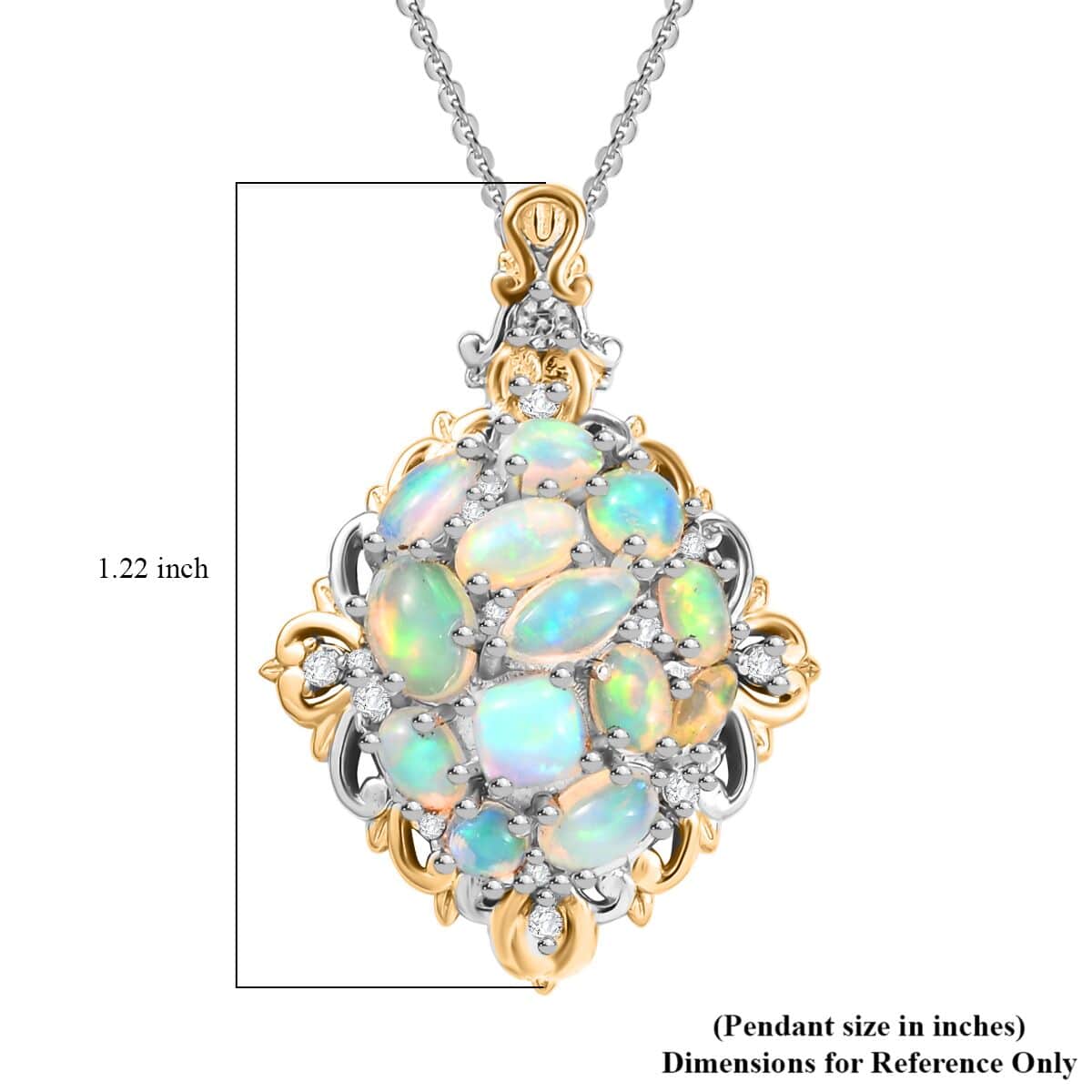 Ethiopian Welo Opal and White Zircon 2.25 ctw Cluster Filigree Pendant Necklace in 18K Vermeil YG and Rhodium Over Sterling Silver 20 Inches image number 5