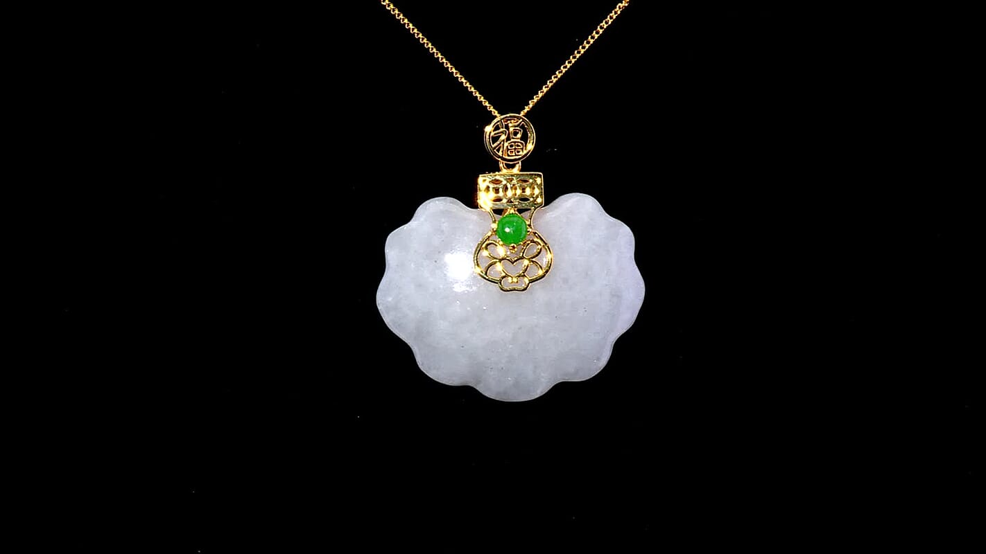 Natural Jade Carved and Green Jade (D) 54.20 ctw Cloud Pendant Necklace in 18K Vermeil Yellow Gold Over Sterling Silver 20 Inches